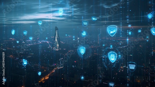 Futuristic cityscape with network connections and cybersecurity shields overlaid, indicating protection of urban infrastructure