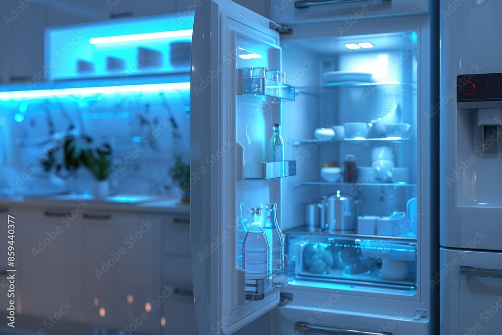 Refrigerator door open in a modern kitchen, great for food and beverage related content Refrigerator door open in a modern kitchen, great for food and beverage related content