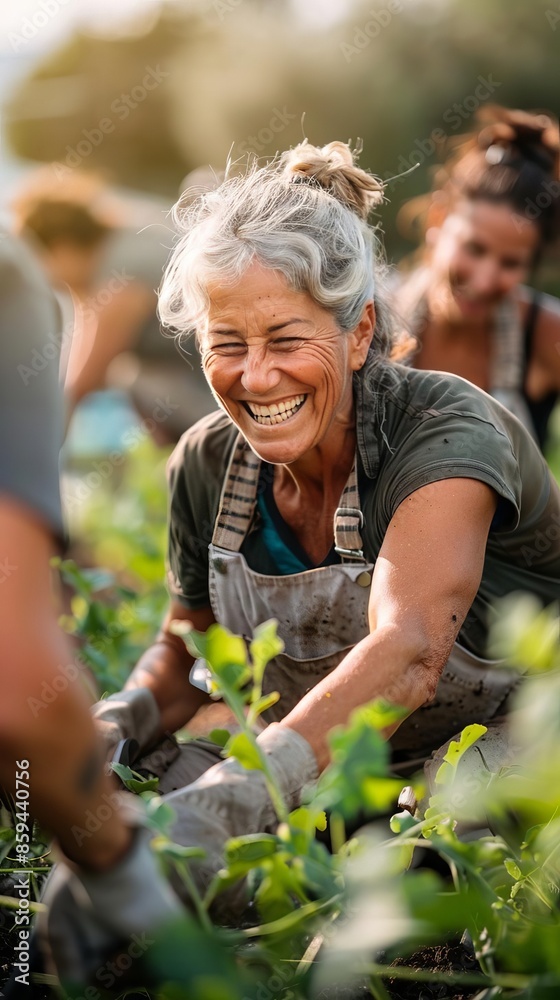 Fototapeta premium Smiling woman gardening with other people in the background.
