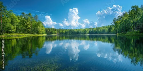 Peaceful Lake with Lush Green Trees and Clouds