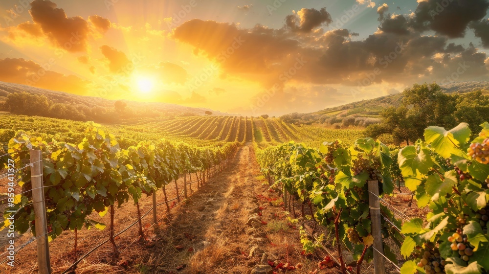 Fototapeta premium A picturesque vineyard with rows of grapevines under a golden sunset 
