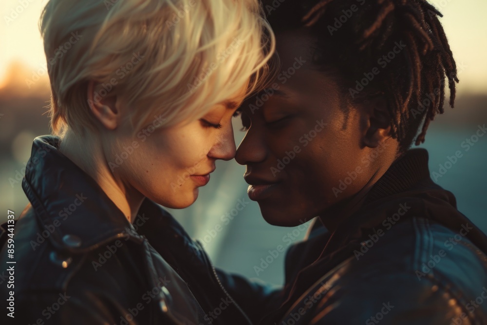 Couple posing side by side, hands possibly touching