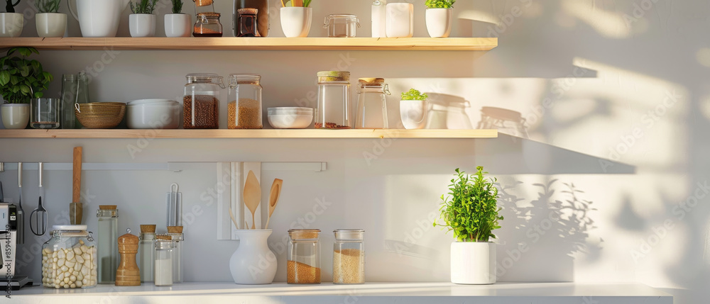 Sunlit kitchen shelf with an array of jars, plants, and utensils neatly organized, creating a cozy and inviting atmosphere. Sunlit kitchen shelf with an array of jars, plants, and utensils neatly organized, creating a cozy and inviting atmosphere.