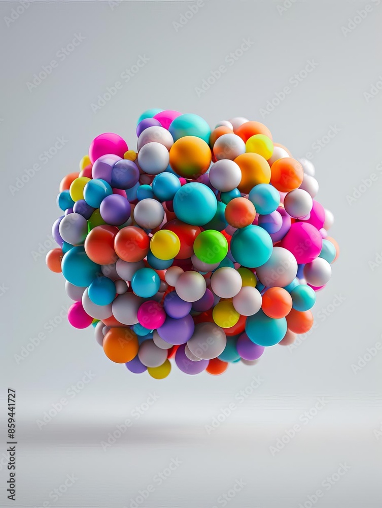 Abstract sphere of colorful balloons floating in mid-air.