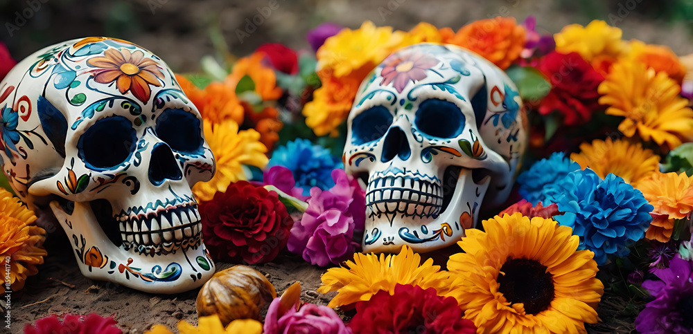 Mexican day of the dead sugar skulls background Mexico colorful vibeant Mexican day of the dead sugar skulls background Mexico colorful vibeant