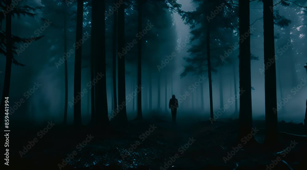 Eerie Blue Fog: Man Walking Alone in Forest Eerie Blue Fog: Man Walking Alone in Forest
