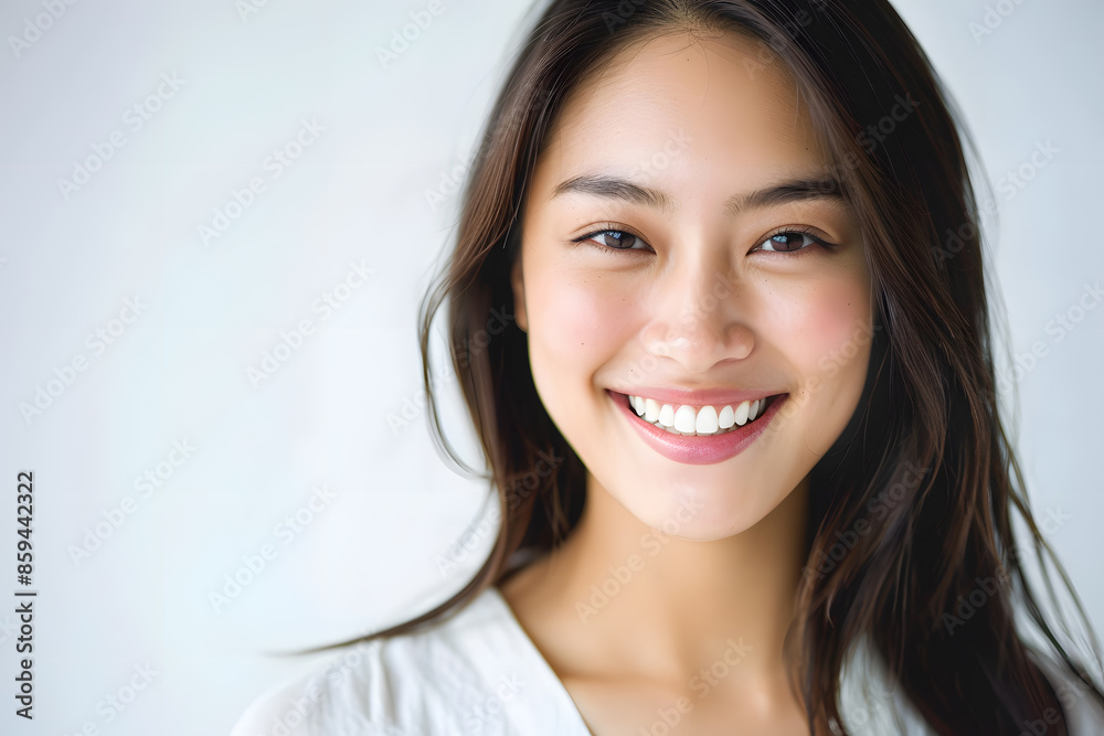 Closeup portrait of beautiful smiling Asian woman with smooth healthy skin Closeup portrait of beautiful smiling Asian woman with smooth healthy skin