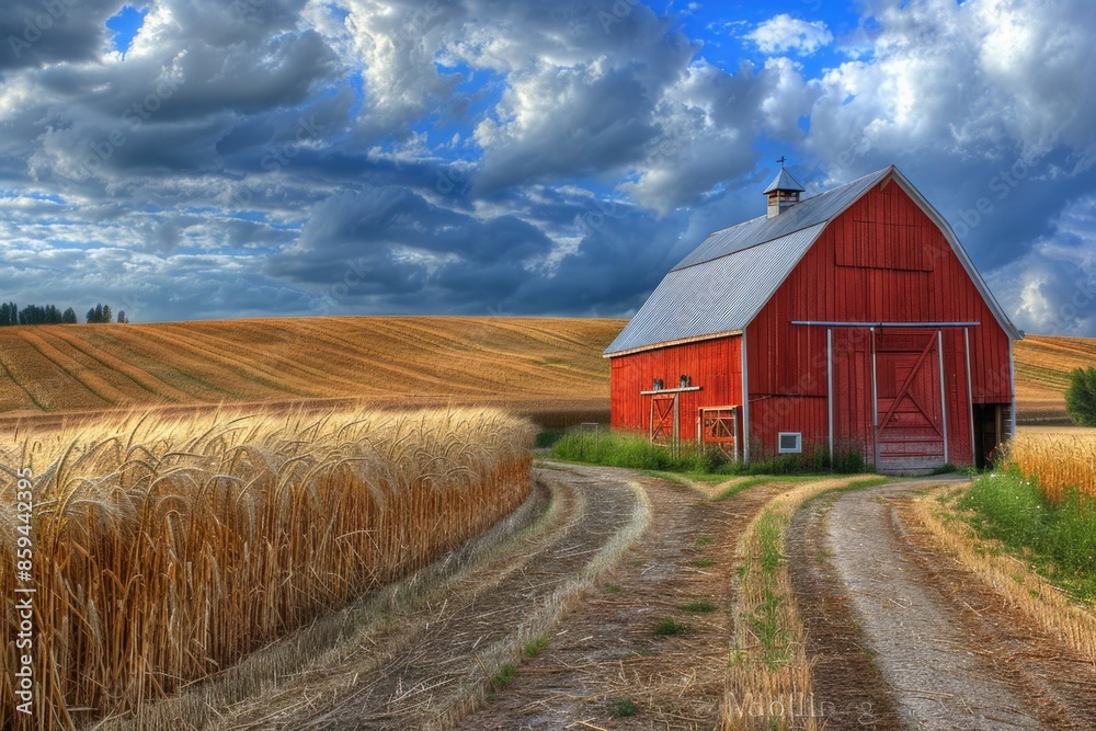 A classic rural scene featuring a red barn surrounded by a golden wheat field, suitable for use in rustic or countryside-themed designs A classic rural scene featuring a red barn surrounded by a golden wheat field, suitable for use in rustic or countryside-themed designs