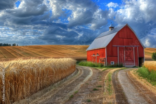 A classic rural scene featuring a red barn surrounded by a golden wheat field, suitable for use in rustic or countryside-themed designs