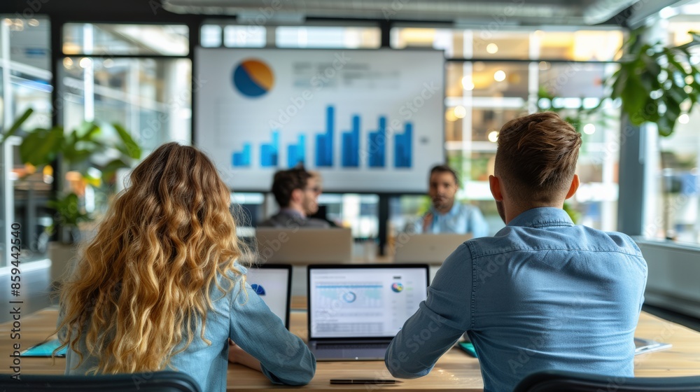 Business meeting with team members reviewing data on laptops and a screen, analyzing graphs and charts in a modern office setting. Business meeting with team members reviewing data on laptops and a screen, analyzing graphs and charts in a modern office setting.