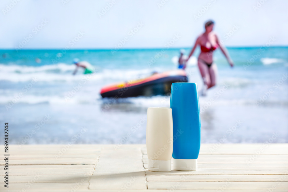 white board of wood and empty space for your decoration. Summer time and landscape of sea. white board of wood and empty space for your decoration. Summer time and landscape of sea.