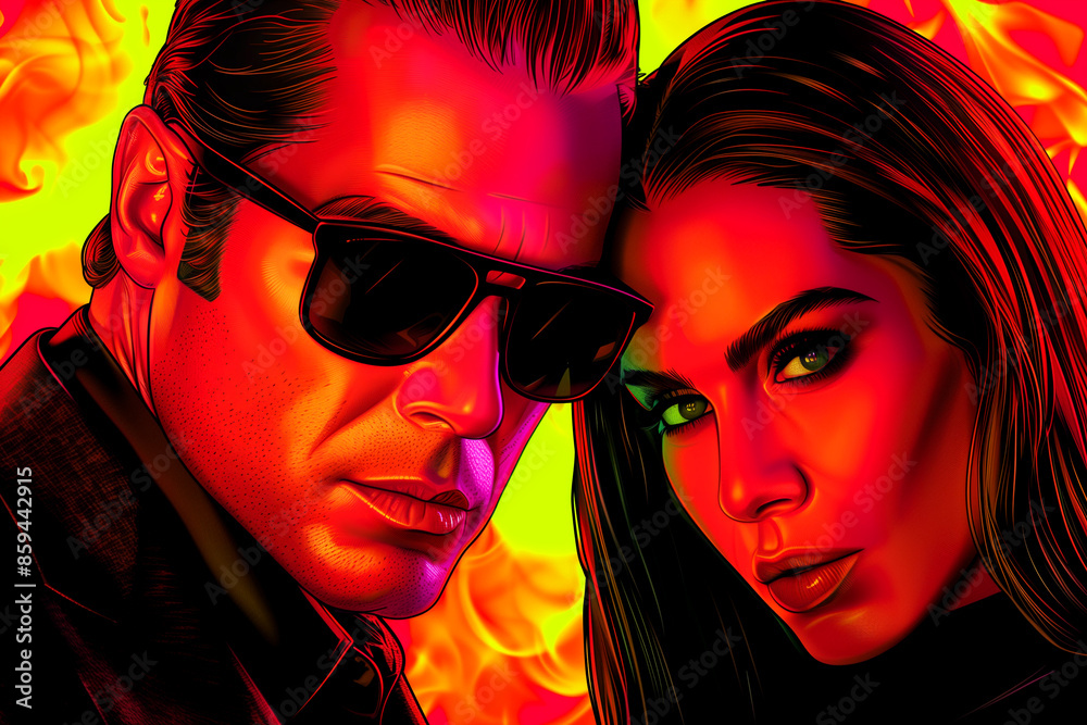 Obraz premium A man and woman are standing in front of a red background