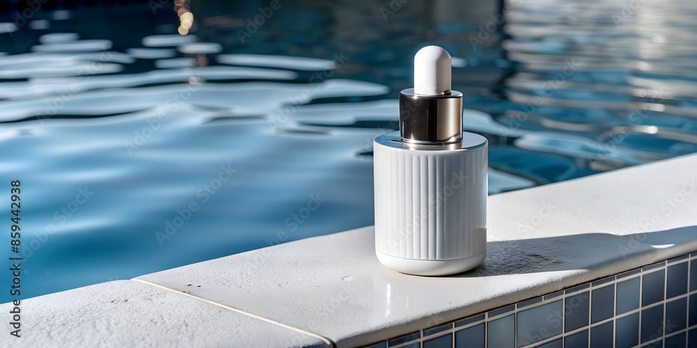 Obraz premium Cosmetic Product Bottle Near Swimming Pool