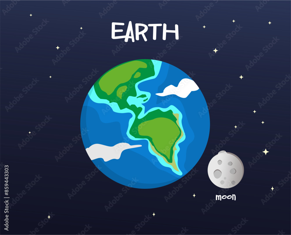 Earth and moon cartoon vector illustration isolated on sky space background. Planet cartoon vector style Earth and moon cartoon vector illustration isolated on sky space background. Planet cartoon vector style