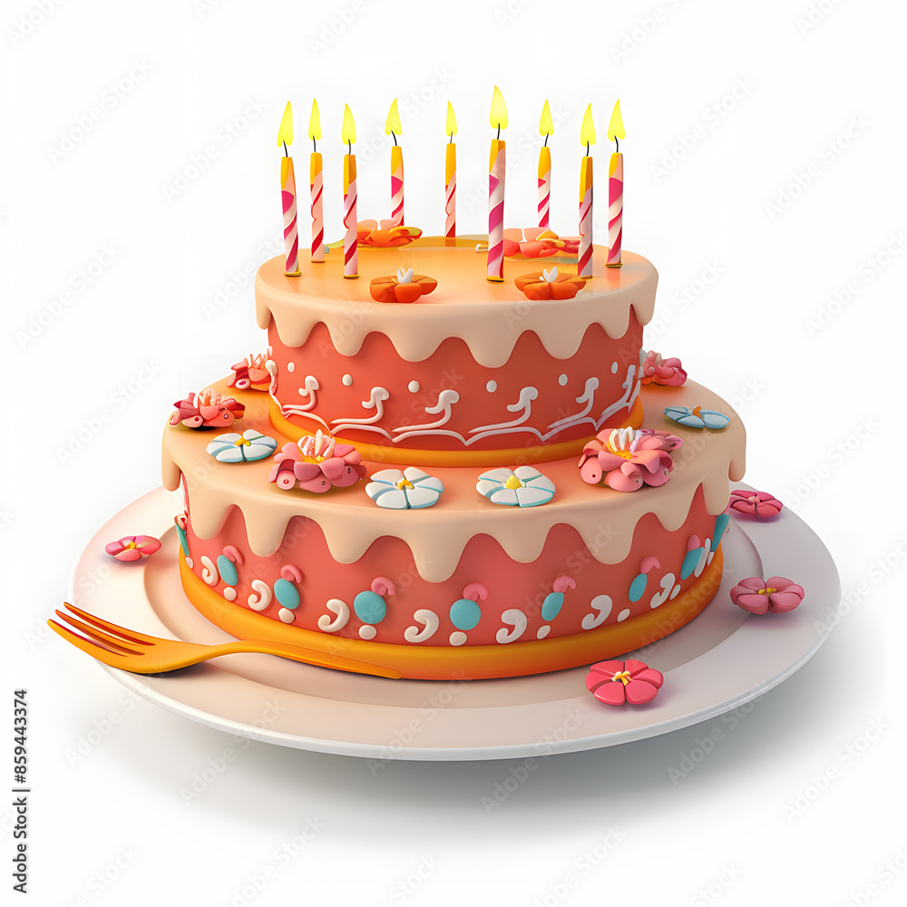3d cartoon birthday cake with candles on white plate, isolated on white background 3d cartoon birthday cake with candles on white plate, isolated on white background