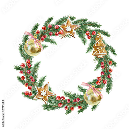 Wallpaper Mural Christmas wreath decorated with balls and berries, watercolor. Fir green branches. Hand drawn illustration isolated on white. For Christmas and New Year cards, invitations, labels, banners, brochures. Torontodigital.ca