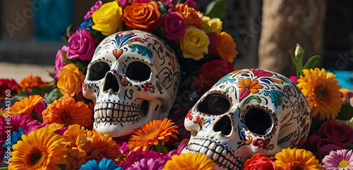 Mexican day of the dead sugar skulls background Mexico colorful vibeant