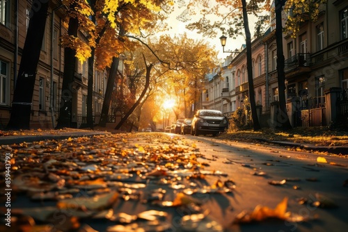 A quiet street surrounded by autumn leaves