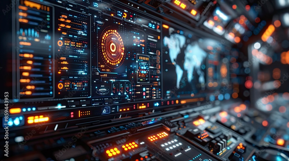 A high-tech interface displaying cybersecurity protocols and firewalls on a digital screen in a futuristic control room A high-tech interface displaying cybersecurity protocols and firewalls on a digital screen in a futuristic control room