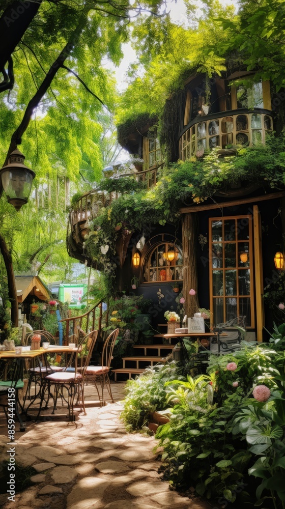 Obraz premium Charming garden cafe with rustic wooden furniture nestled under lush trees, creating a cozy and inviting ambience.