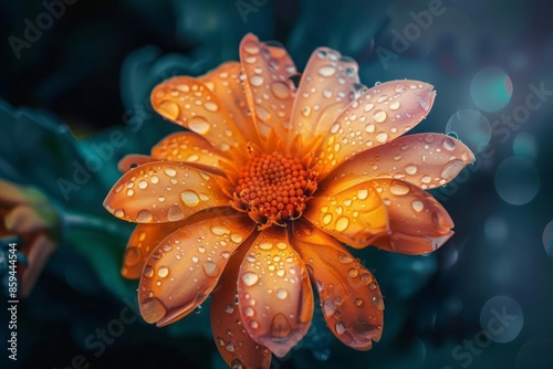 A hyperreal flower surrounded by dewdrops