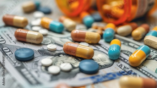 Close-up of various pills and capsules scattered on dollar bills, representing the financial aspects of healthcare and medication costs.