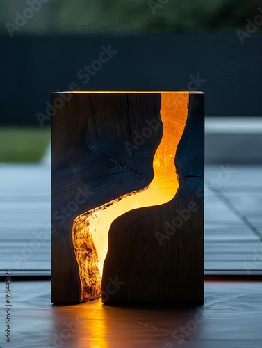 kintsugi repaired wood sculpture, burnt wood, simple, square, blue metalic veins photo