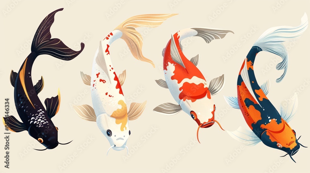 Four Vibrant Koi Fish Swimming in Harmony Four Vibrant Koi Fish Swimming in Harmony