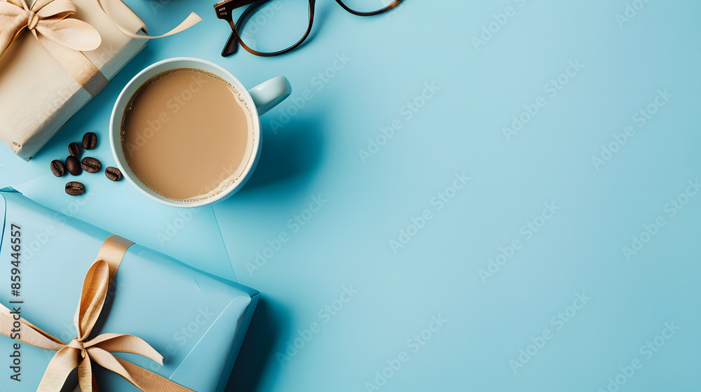 Stylish men’s gift set with coffee, glasses on blue background - perfect for Happy Fathers Day theme. Stylish men’s gift set with coffee, glasses on blue background - perfect for Happy Fathers Day theme.