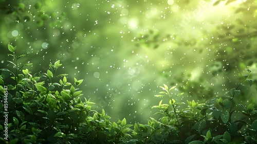 Abstract blurred vision of a lush green forest under the morning mist, with sparkling dew bokeh and soft sunbeams piercing through.