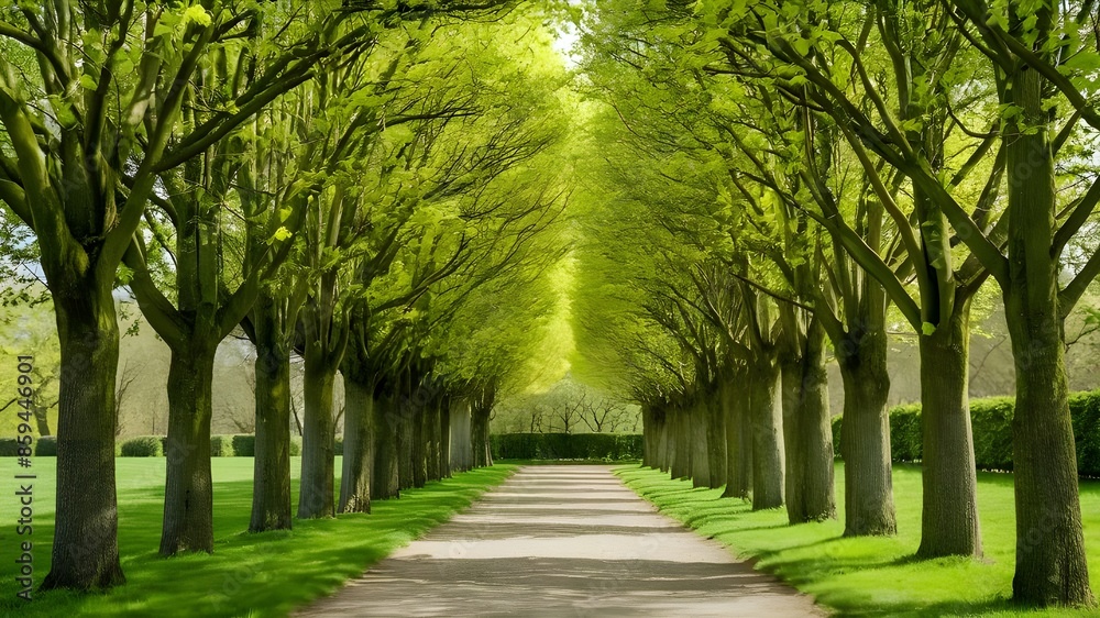 Obraz premium An avenue of lime trees in the park of Hundisburg Castle, Germany, Europe, that looks like a tunnel in the springtime with lush green foliage