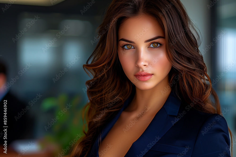 A woman with long brown hair and a blue suit is standing in front of a green plant. She has a serious expression on her face A woman with long brown hair and a blue suit is standing in front of a green plant. She has a serious expression on her face