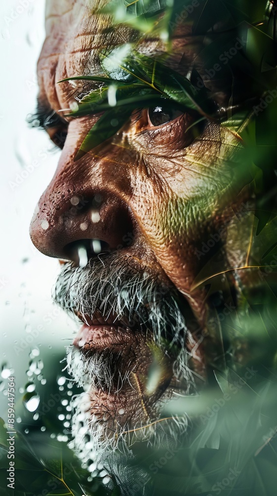 Close-up portrait of an elderly man with leaves and water droplets on his face. Close-up portrait of an elderly man with leaves and water droplets on his face.