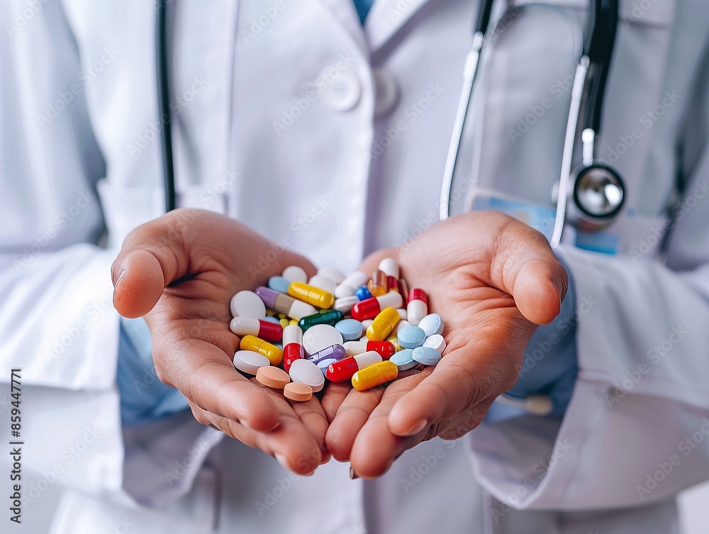 Doctor in white coat holding a pile of multicolored pills and capsules. Doctor in white coat holding a pile of multicolored pills and capsules.