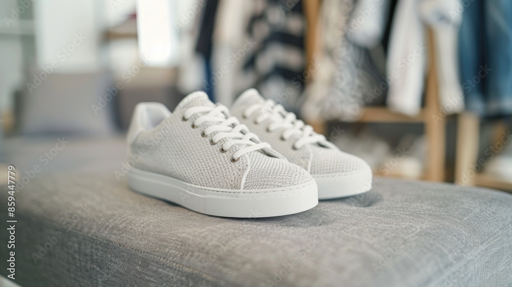 Fashionable gray women s shoes on grey ottoman in store blank area Fresh sneakers up close Style and beauty idea Fashionable gray women s shoes on grey ottoman in store blank area Fresh sneakers up close Style and beauty idea