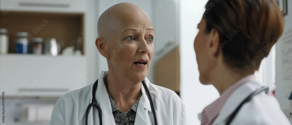 Fototapeta premium A healthcare professional in a white coat conversing with a colleague, the environment resembling a medical office or clinic, depicting a moment of engagement and care.