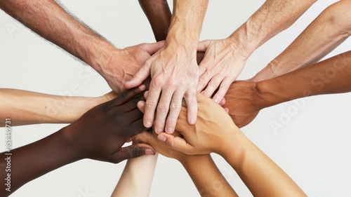 Diverse hands join, symbolizing unity, teamwork, collaboration to achieve goals and support each other. AIG53M