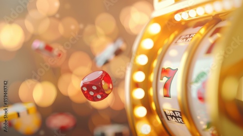 A close-up of a yellow casino slot machine, with bright lights and shiny surfaces creating an atmosphere of excitement and fun. The image offers ample copy space for customization, ideal for