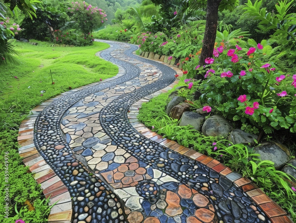Obraz premium fancy garden paths with intricate designs and quality materials, creating charming and functional walkways through outdoor spaces.