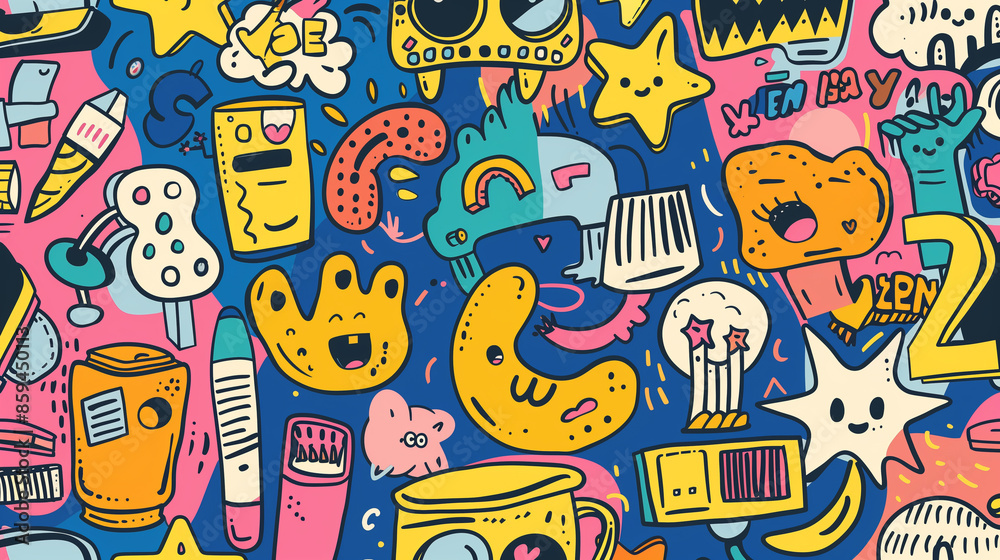 Toy element hand-painted seamless pattern pop art style background Toy element hand-painted seamless pattern pop art style background