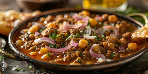 Close-up of Chole Bhature Dish with Garnished Onions Spicy and Tangy. Concept Food Photography, Indian Cuisine, Spicy Delicacy, Garnished Onions, Close-up Shots photo