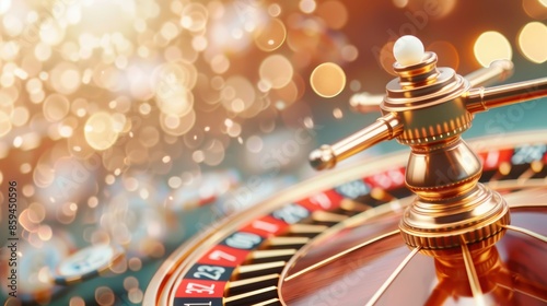 A close-up of a brown roulette wheel in a casino setting, with the ball resting on a winning number. The minimalist composition and neutral color palette make it ideal for a variety of design