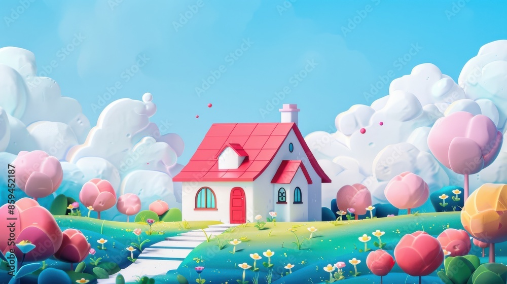 A charming fairytale house with a red roof in a whimsical landscape, surrounded by colorful trees and fluffy clouds under a bright blue sky. A charming fairytale house with a red roof in a whimsical landscape, surrounded by colorful trees and fluffy clouds under a bright blue sky.