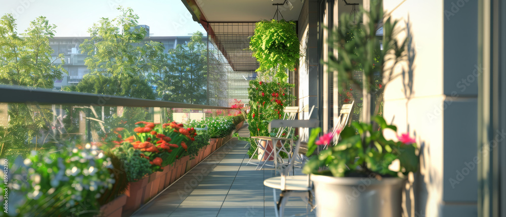 Obraz premium A serene balcony garden with colorful flowers and lush green plants basking in the morning sunlight, creating an oasis of calm and beauty.