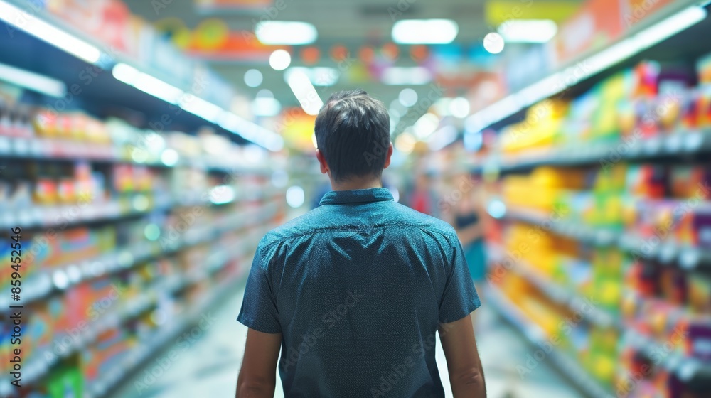 Man Shopping in a Supermarket Aisle Man Shopping in a Supermarket Aisle