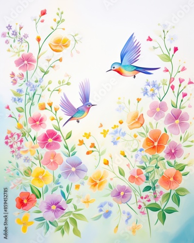 Colorful illustration of two hummingbirds among vibrant flowers, creating a lively and cheerful scene full of nature's beauty.