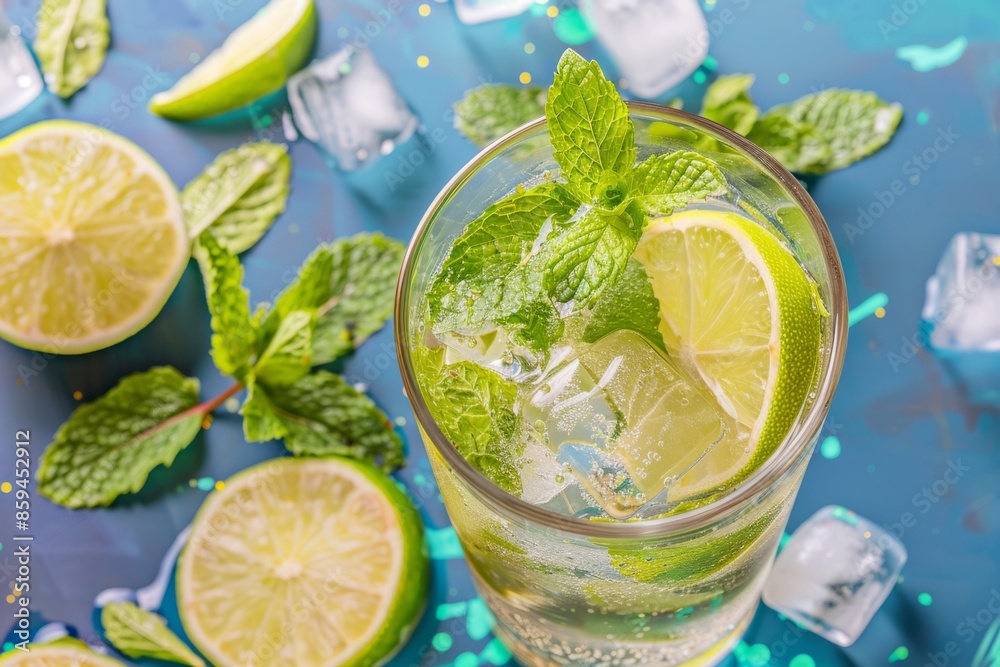 A refreshing mojito cocktail is served in a glass, garnished with fresh mint leaves and lime wedges, the sparkling drink, with crushed ice and bubbles, invites a taste of cool A refreshing mojito cocktail is served in a glass, garnished with fresh mint leaves and lime wedges, the sparkling drink, with crushed ice and bubbles, invites a taste of cool