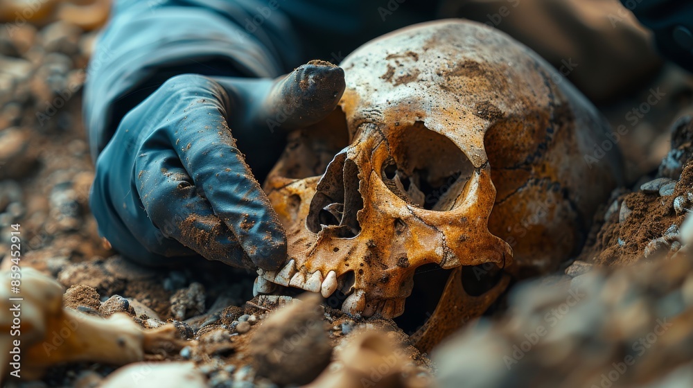 A close-up image of an archaeologist's gloved hands meticulously unearthing an ancient human skull from the soil, representing historical discovery and the pursuit of knowledge. A close-up image of an archaeologist's gloved hands meticulously unearthing an ancient human skull from the soil, representing historical discovery and the pursuit of knowledge.