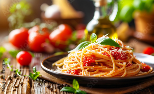 Delicious plate of Spaghetti against an Italian food background. On a wooden table with pasta and tomato sauce. AI generated