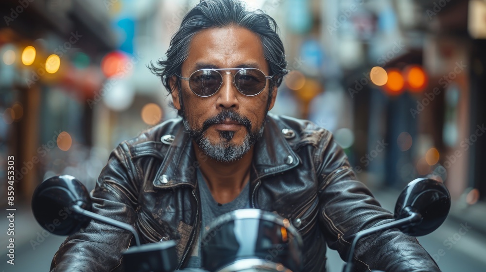 A man with a beard and sunglasses rides a motorcycle in an urban setting, wearing a leather jacket. The vibrant street background suggests adventure and boldness. A man with a beard and sunglasses rides a motorcycle in an urban setting, wearing a leather jacket. The vibrant street background suggests adventure and boldness.